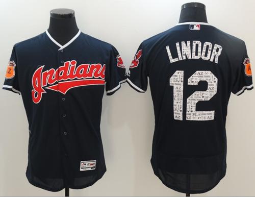 Indians #12 Francisco Lindor Navy Blue Spring Training Authentic Flex Base Stitched MLB Jersey - Click Image to Close